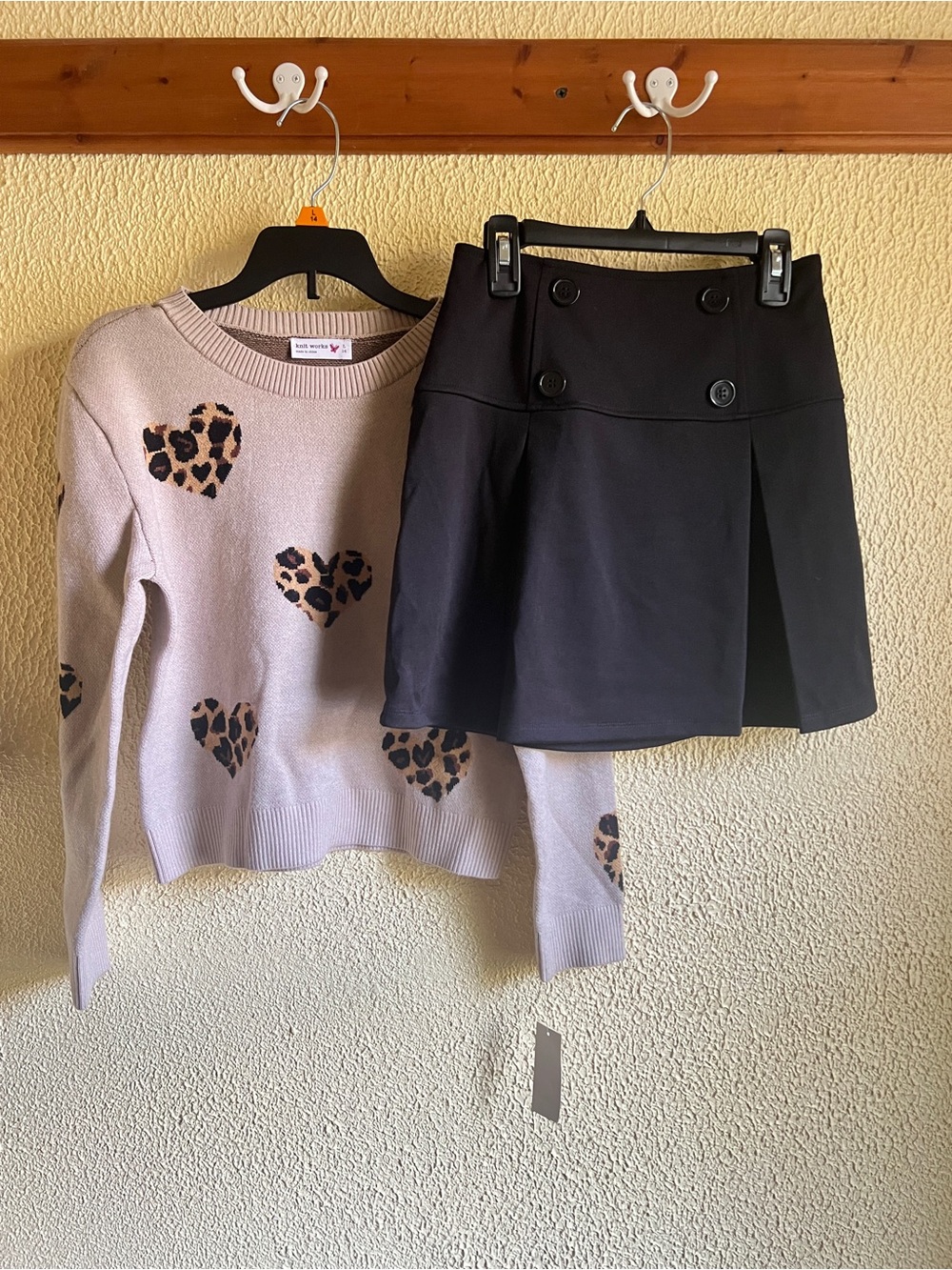 Knitworks Girls Cream Sweater with Leopard Hearts & Black Skirt Set
